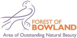 AONB Forest of Bowland logo, bird of prey drawing sitting to the left of the text
