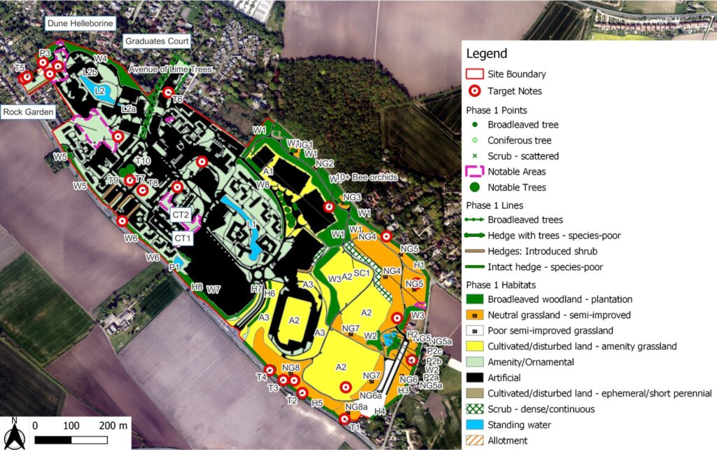 Phase 1 habitat survey map, showing key site features (Credit: Modified by Helena Kewley based on fpcr spatial files).