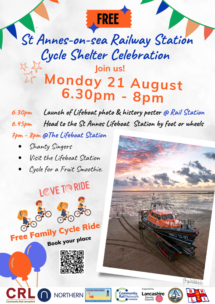 Poster for St Annes-on-Sea Railway Station cycle event, image of a lifeboat with blue, orange and black text on a grey background.