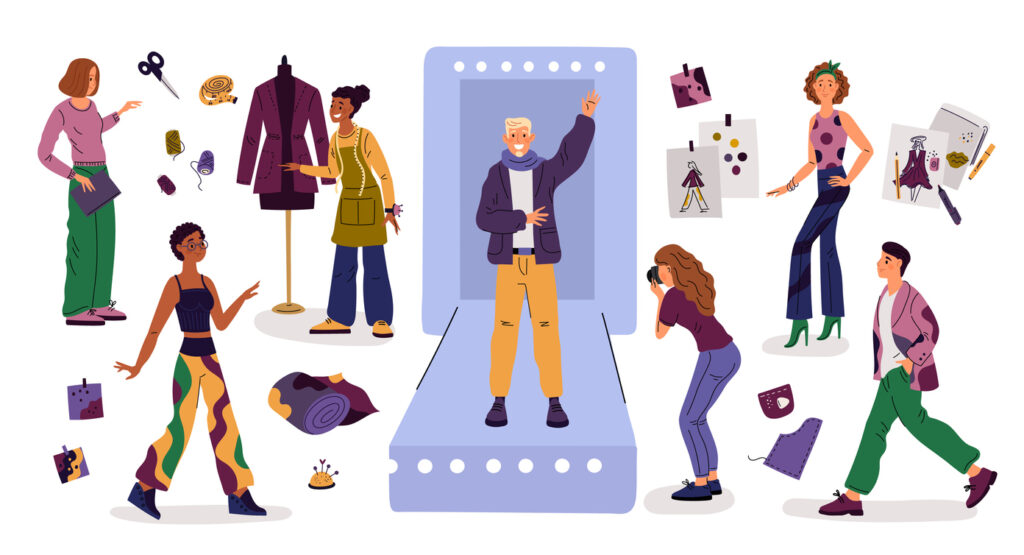 Fashion show. Cartoon couturiers. Stylists and designers. Trendy clothing industry. Models and photographer. Fashionable clothes design. Dress construction or tailoring. Long runway. Garish vector set