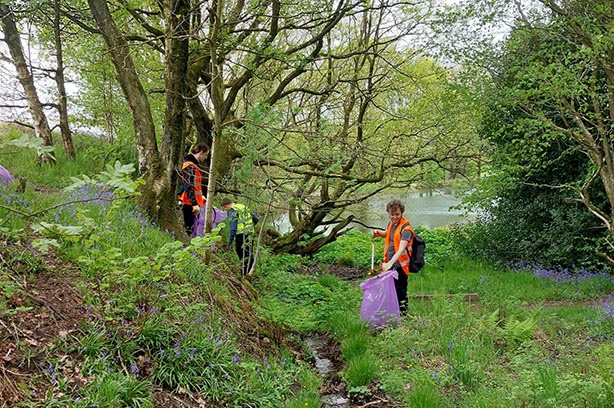 Peel Park litter pick, four people litter picking amongst the bluebells