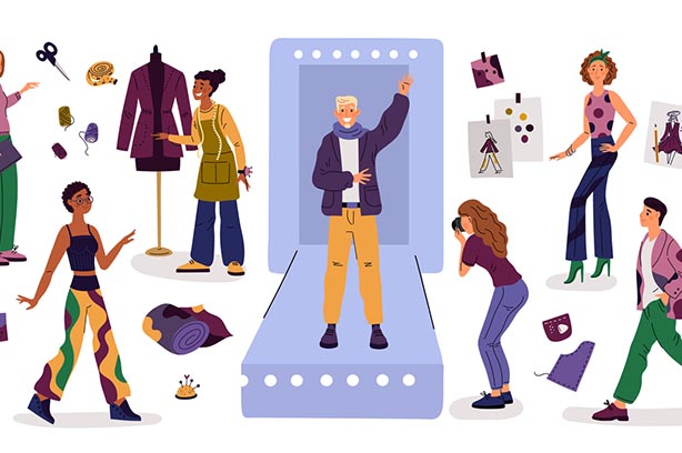 Fashion show. Cartoon couturiers. Stylists and designers. Trendy clothing industry. Models and photographer. Fashionable clothes design. Dress construction or tailoring. Long runway. Garish vector set