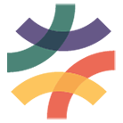 Shared Future CIC logo, 4 curved bands in green, blue, orange and yellow