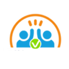 Trust in Community CIC logo, blue people, green tick and orange half circle overhead