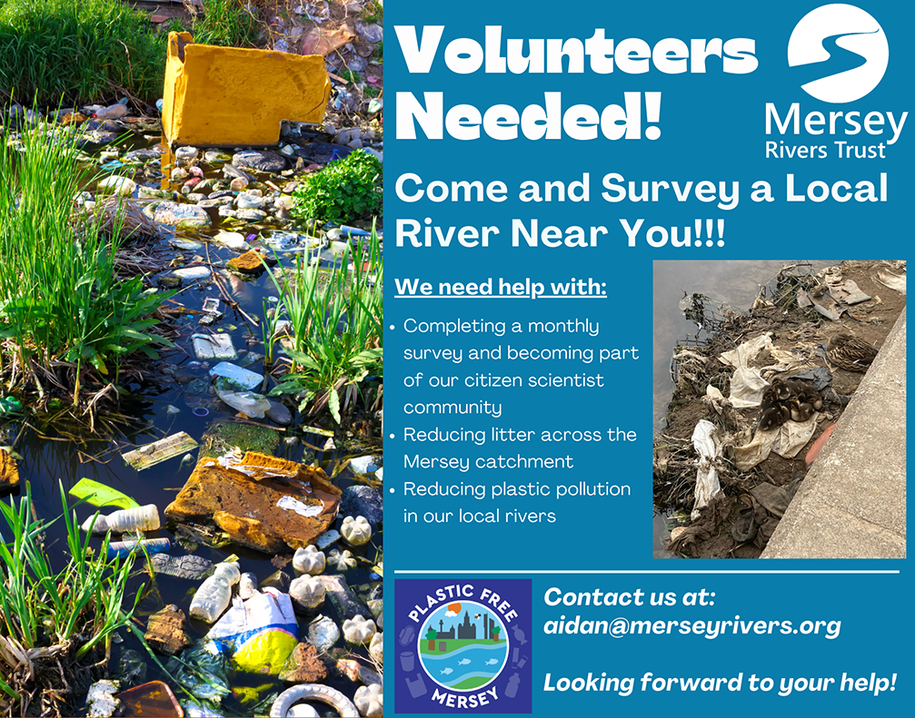 Volunteer for the Plastic Free Mersey (PFM) Project poster, showing litter in a river