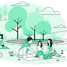 Illustration of a trees and a benches and families enjoying picnics in a park