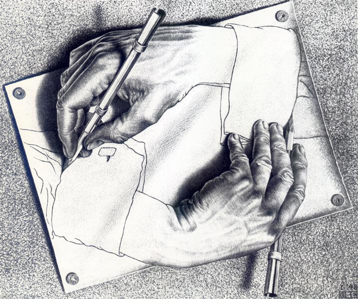 Linear drawing of two hands holding pencils drawing at the same time