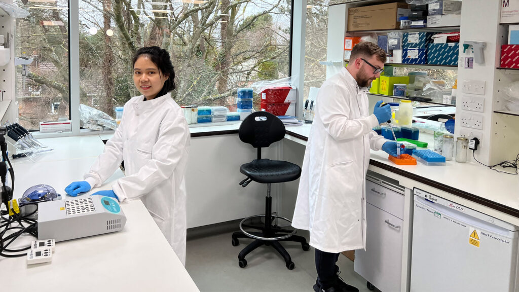 : Dr Daniel Grimes with Tanachapa Jantalika (international research fellow) in the new lab. 