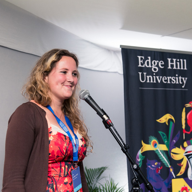 Daisy Johnson speaking at an event for the Edge Hill Short Story Prize