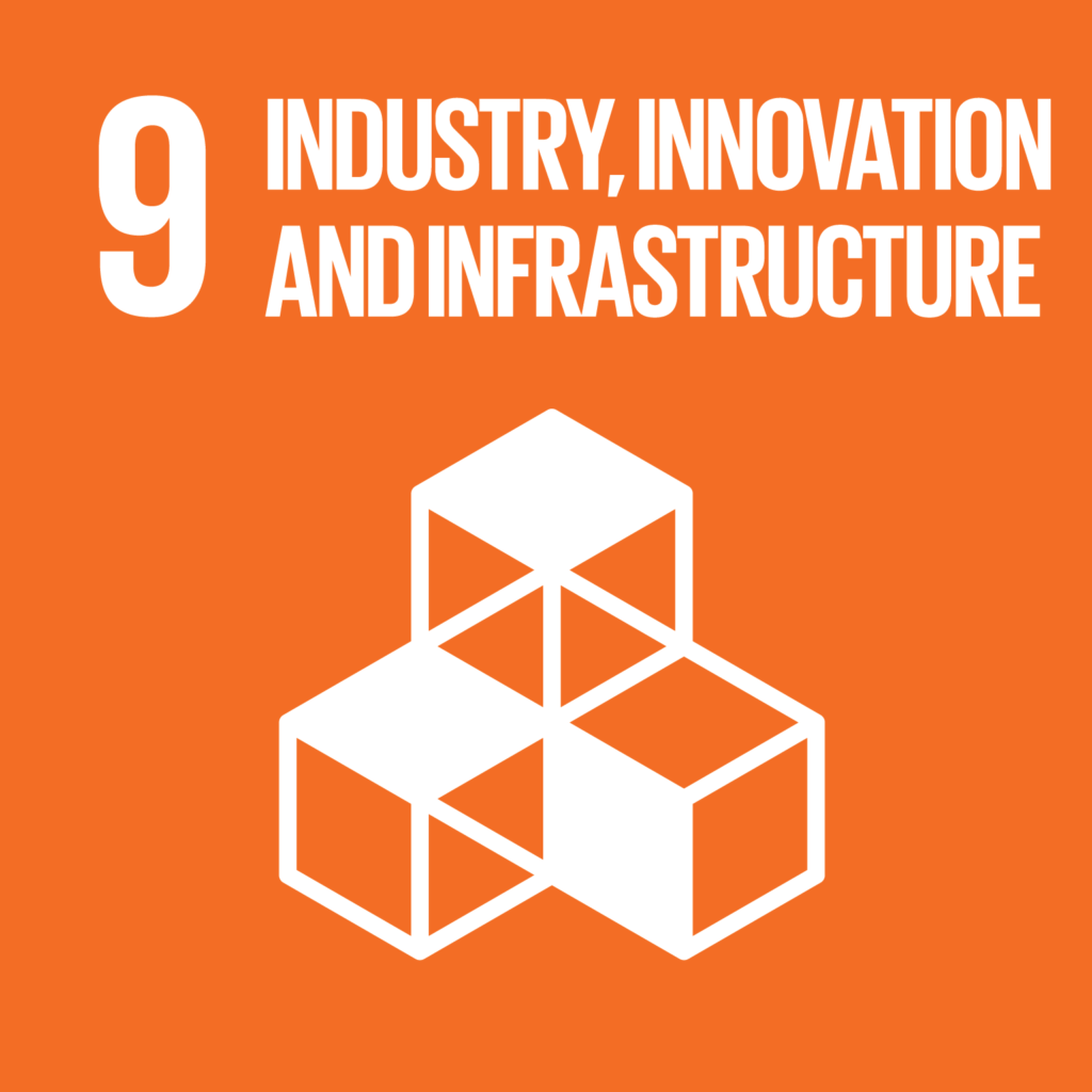 SDG-9 Infrastructure orange and white infographic with 3 stacked cubes