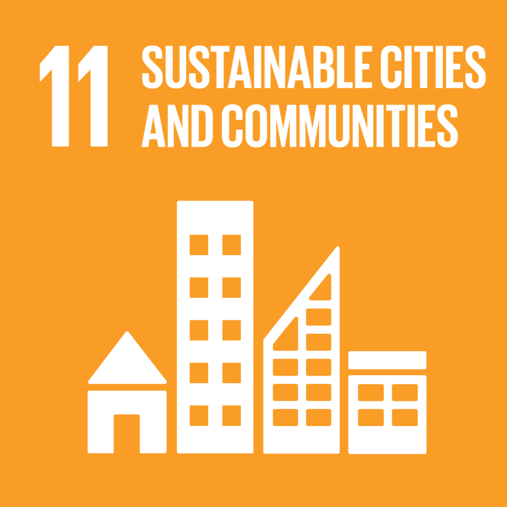 SDG11 - Cities yellow and white infographic with 4 buildings