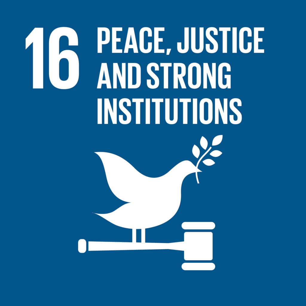 SDG16 - Peace and Justice blue and white infographic with dove holding a branch landing on a hammer