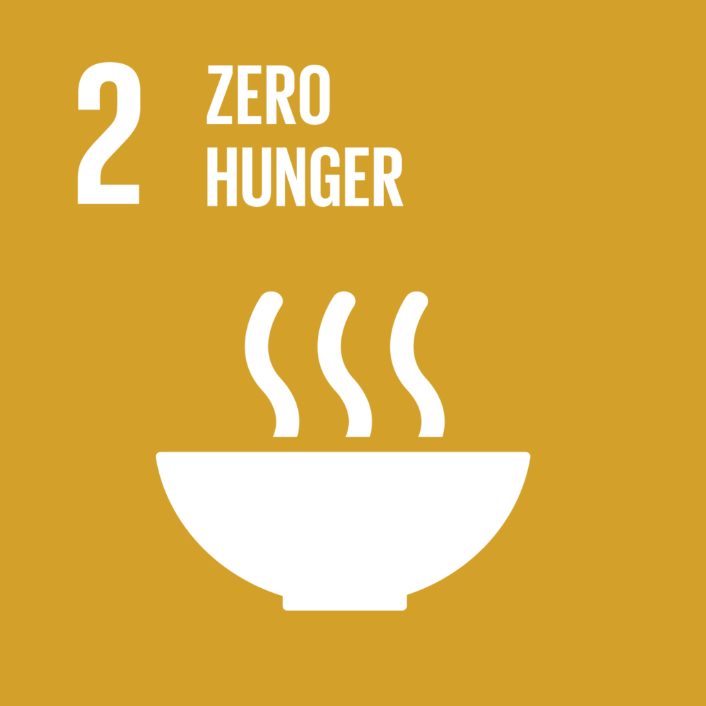 SDG2 - Hunger ochre and white infographic with a steaming bowl