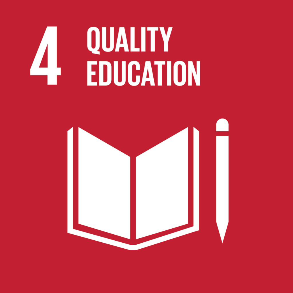 SDG4 - Education red and white infographic with a book and pencil
