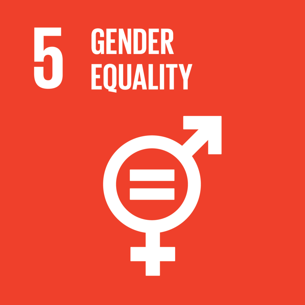 SDG5 - Gender orange and white infographic with a male and female sign entwined