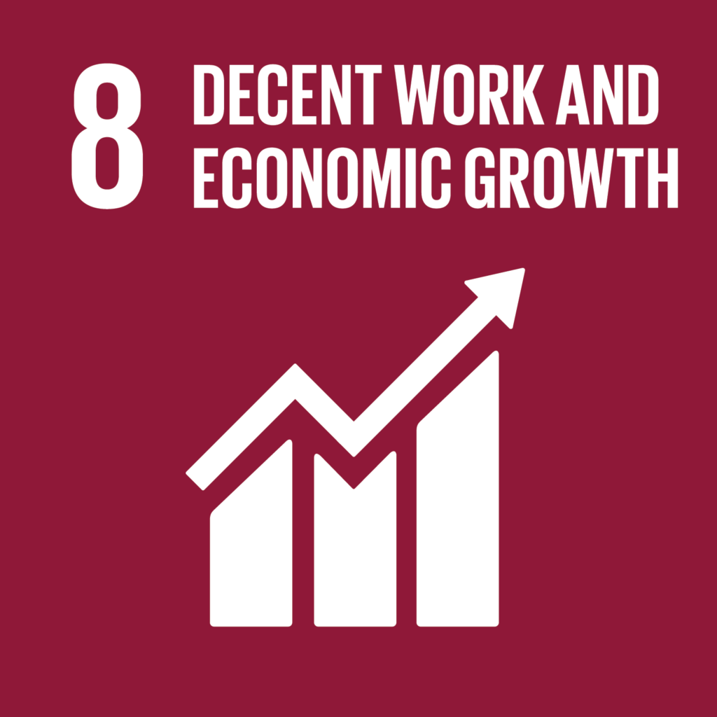 SDG8 - Work and Growth dark red and white infographic with factory image and arrow pointing upwards