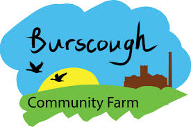 Burscough Community Farm logo, info graphic, field, sun, sky and farm.