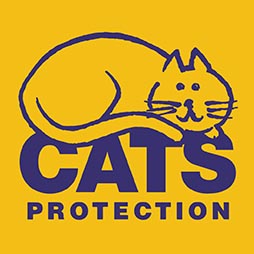 Cats Protection logo, blue text on a yellow background with a cat sitting on top of the text