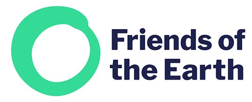 Friends of the Earth logo, black text and a green circle for the planet