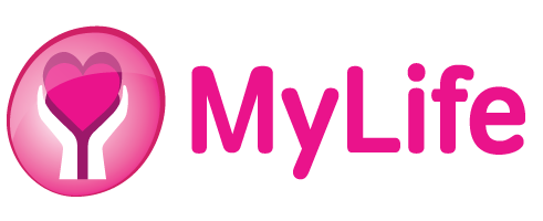 MyLife logo, pink text and hands holding a heart
