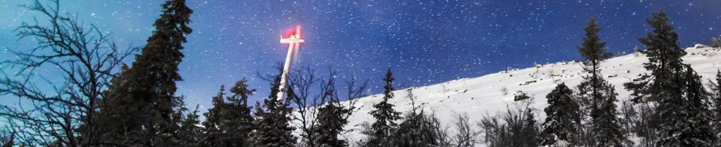 Widescreen wind turbines at night