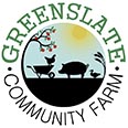 Greenslate Community Farm logo, infographic of pig, wheelbarrow and duck in the centre