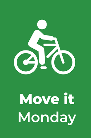 Move It Monday text, info graphic person on a bike with a green background
