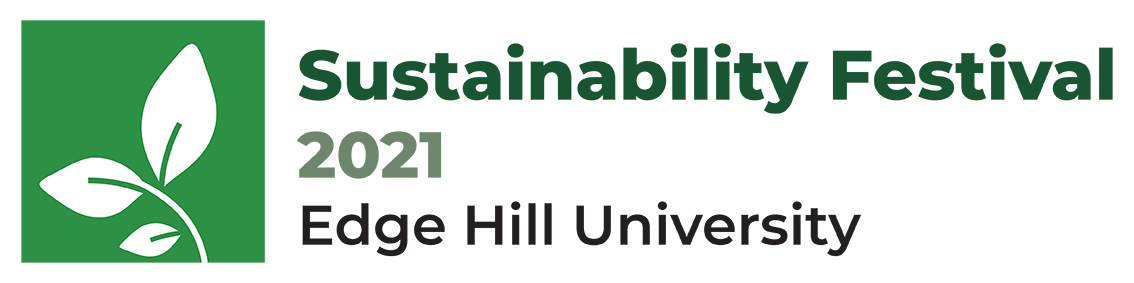 Sustainability Festival Logo with info graphic of white leaves on green background