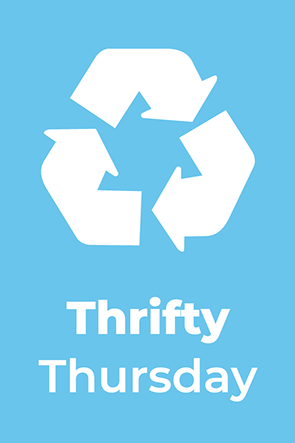 Thrifty Thursday text, info graphic 3 recycle arrows with a blue background
