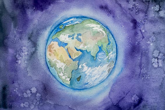 Planet Earth (Africa, Europa, Asia) painted by watercolor.
