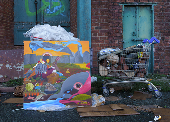 'wish you were here location' painting with a shopping trolley in front of a abandoned building