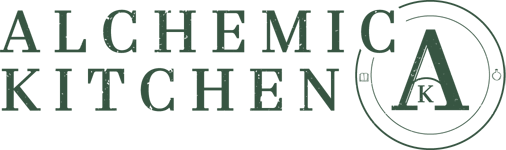 Alchemic Kitchen logo, green text on a transparent background