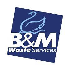 B&M Waste logo, white text on a blue background with a pale blue swan