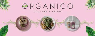 Organico - logo, pink background with leaves in each corner and plates of food