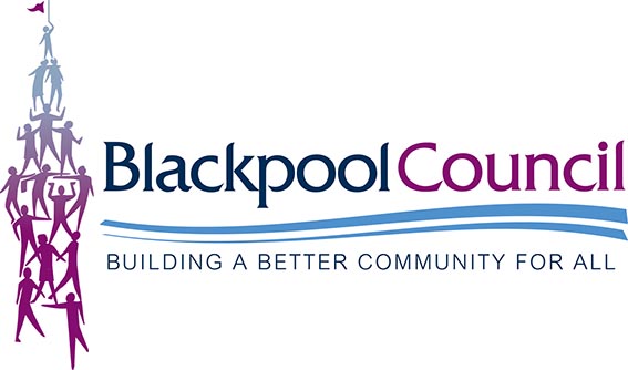 Blackpool Council logo, black and purple text with a tower made of peope