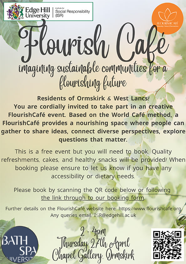 Flourish Café flyer event, text on a leafed background