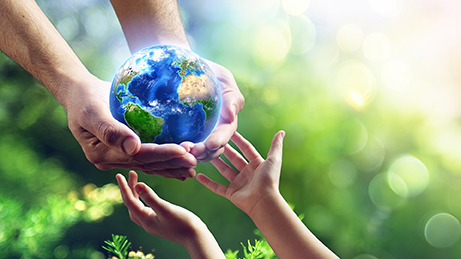 Old Man Giving Blue Earth In The Child Hands - elements of this image furnished by NASA - 3d Rendering elements of this image furnished by NASA 3d rendering, Europe Africa. Photorealistic globe with lots of details.  (3D terrain and clouds, city lights, reflective oceans...) Source maps are courtesy of NASA Earth Observatory Blue Marble project, for geographical boundaries