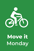 Move It Monday text, info graphic person on a bike with a green background