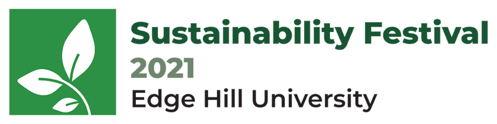 Sustainability Festival Logo with info graphic of white leaves on green background