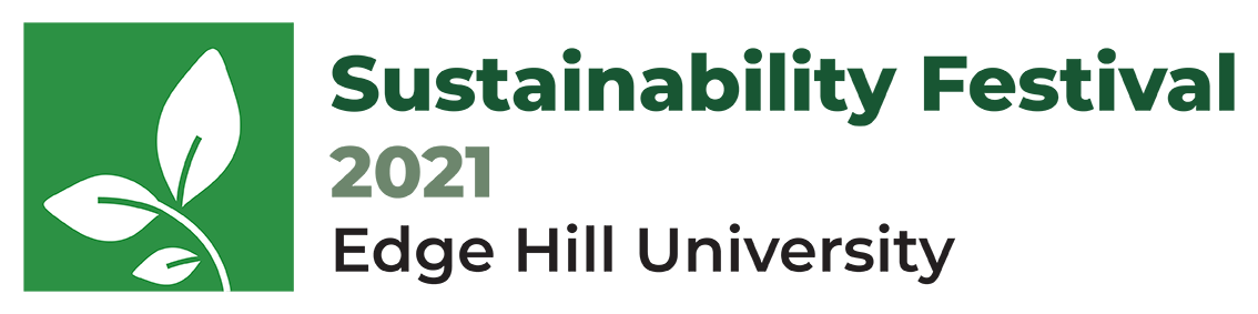 Sustainability Festival Logo with info graphic of white leaves on green background