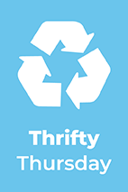 Thrifty Thursday text, info graphic 3 recycle arrows with a blue background