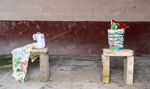 'installatiions' 3D paintings on concrete bricks in a factory