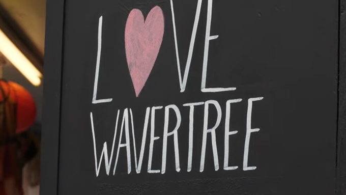 Love Wavertree text written in white on a chalkboard with a red heart for the 'o'.