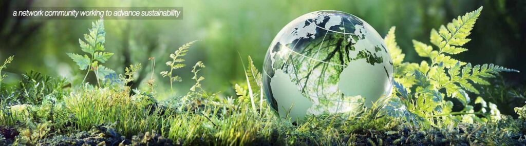 Sustainability Banner, plants and a glass sphere world
