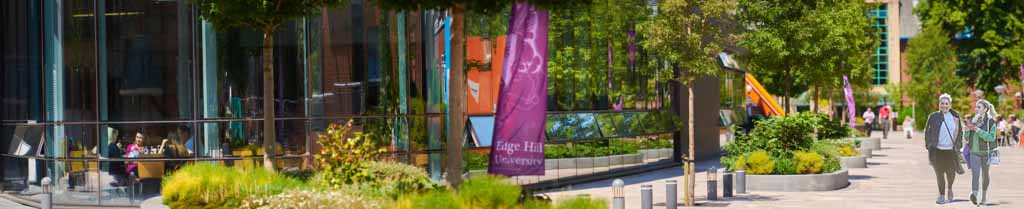 Western Campus of Edge Hill University Hub, students walking outside in the sun