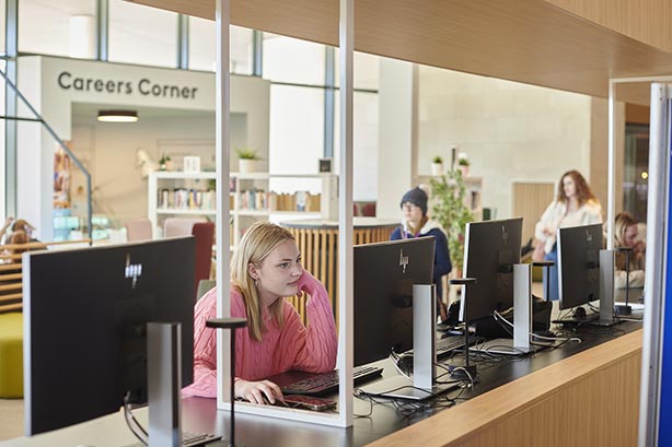 Student in the Catalyst using a PC to access work and resources.