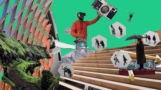 System Change Hive Project, green background with hexagon images floating across the image. A man under an umbrella and a man holding a stereo.