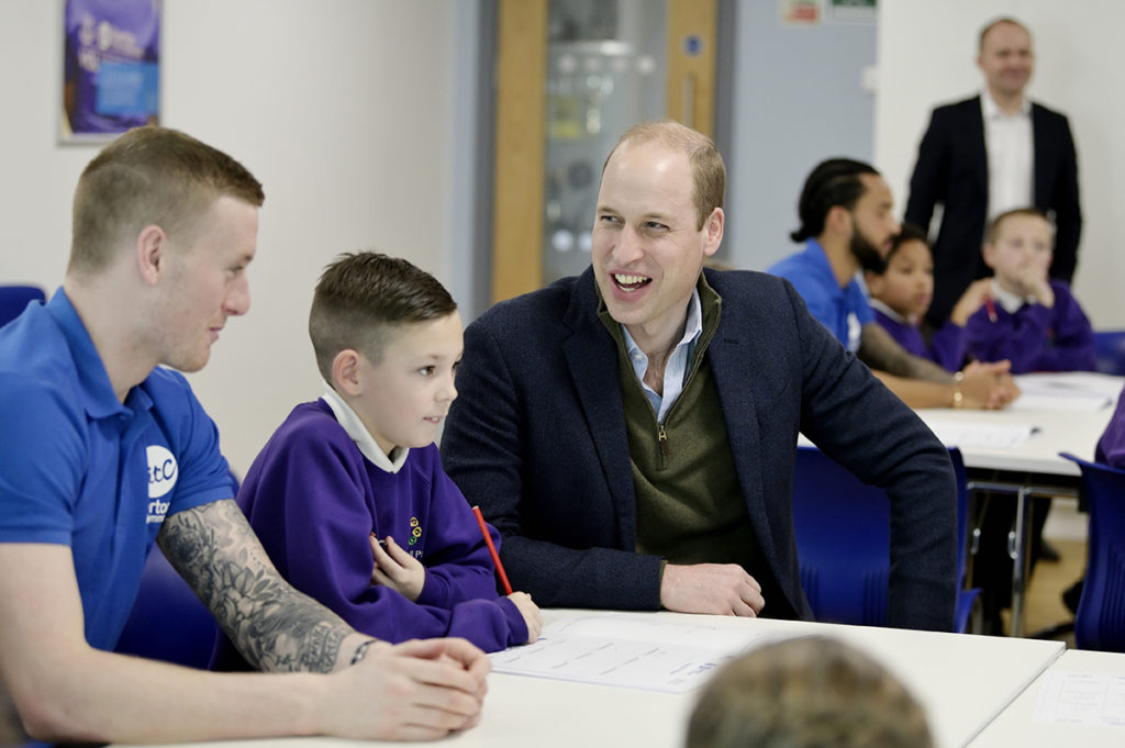 HRH Prince William and Everton first team player Jordan Pickford chatted to schoolchildren on a visit to the Heads Up mental health project run in partnership with Edge Hill University.