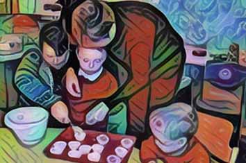 Voices - three children being shown how to pour out baking mixture